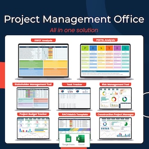 May include: A colorful graphic showing a variety of project management tools, including SWOT analysis, PESTEL analysis, stakeholder management, task tracker, risk management, project budget tracker, RACI matrix template, and construction project manager. The tools are displayed on laptop screens and are available in both Google Sheets and Excel.