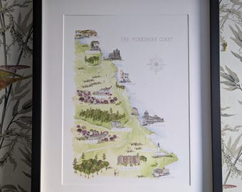 Yorkshire East Coast Map Print: Whitby, Staithes, Robin Hood's Bay. Watercolour and pen