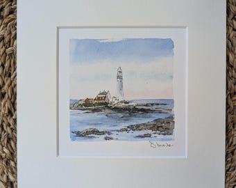 Northumberland Coast St. Mary's Lighthouse Whitley Bay Mini Watercolour Landscape Print
