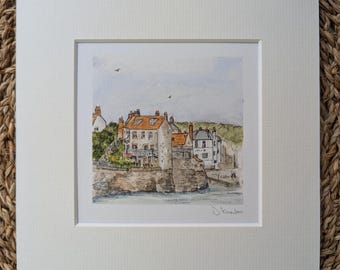 Robin Hood's Bay Mini Watercolour Print: Yorkshire Coastal Landscape