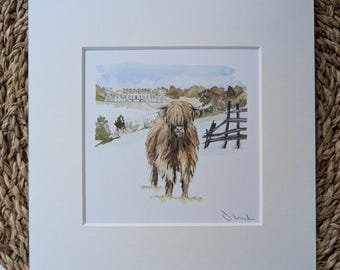 Highland Cow Mini Watercolour Print
