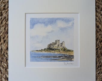 Northumberland Coast Bamburgh Castle Mini Watercolour Landscape Print