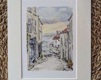 Robin Hood's Bay Print, Yorkshire Coast Watercolor Urban Sketch