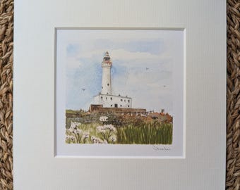 Flamborough Head Lighthouse Mini Watercolour Print: Yorkshire Coastal Art