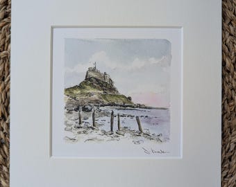 Northumberland Coast Lindisfarne Castle, Holy Island Mini Watercolour Landscape Print