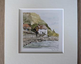 Runswick Bay Mini Watercolour Print: Yorkshire Coastal Landscape Art