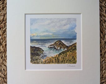 Thornwick Bay Mini Watercolour Print: Yorkshire Coastal Landscape Art