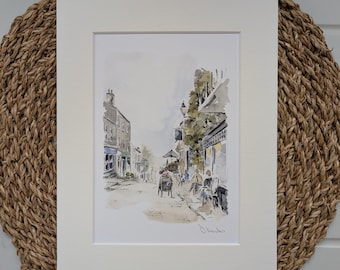 Haworth Village, West Yorkshire. Watercolour and pen Urban Sketch Illustration. Print from original painting.