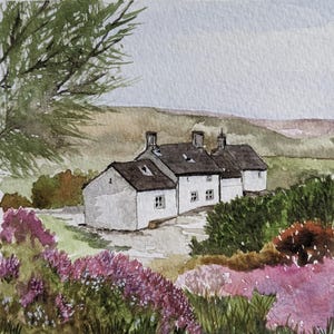 May include: Watercolor painting of a white cottage with a brown roof, surrounded by green trees and purple flowers. The cottage has multiple windows and chimneys. The background is a light blue sky with a distant hill.