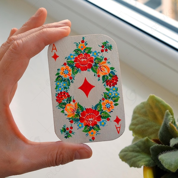 Petrykivka Hand Painted Wooden Magnet, Ukrainian Folk Art Ace of Diamonds Decor
