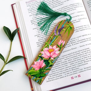 Hand painted Ukrainian bookmark with tassel, Personalized gift with Petrykivka painting, Wooden decor in Japanese style, Cute book accessory
