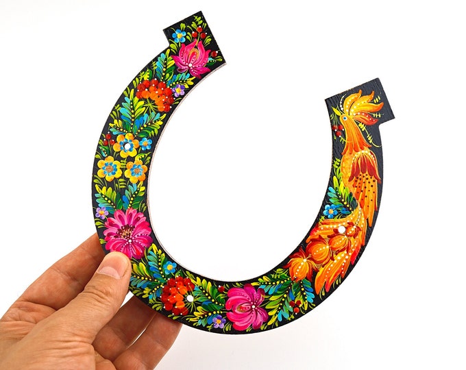 Hand Painted Lucky Horseshoe, Ukrainian Folk Art, Wooden Wall Hanging Decor with Petrykivka Painting