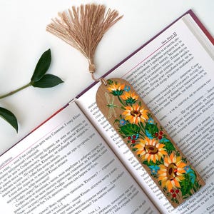 Hand painted bookmark with tassel, Book lover gift, Ukrainian wooden sunflower bookmark, Petrykivka painting art, Book club accessories