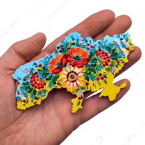 Ukrainischer Kühlschrankmagnet mit Petrykivka-Malerei, Handgemalte Holzmagnetkarte der Ukraine, Geschenk für Freund, Ukrainische Volkskunst
