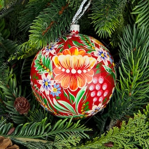 Ukrainian hand-painted Christmas ornament, Large bauble with Petrykivka painting, Unique holiday ornament, Hanging tree decor, Gift for her