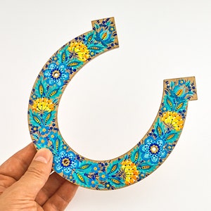 Lucky horseshoe, Hand painted Ukrainian souvenir, Wooden wall hanging decor with Petrykivka painting, Wedding gift ideas, Boho decoration