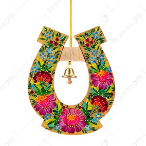 Lucky horseshoe, Hand painted Ukrainian souvenir, Wooden door decor with Petrykivka painting, New home Housewarming Wedding gift