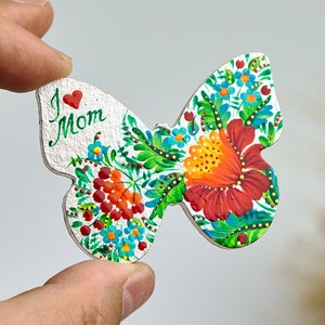 Butterfly pin with Petrykivka painting, Ukrainian hand painted wooden brooch, Personalized birthday gift for grandma, I love you mom gift