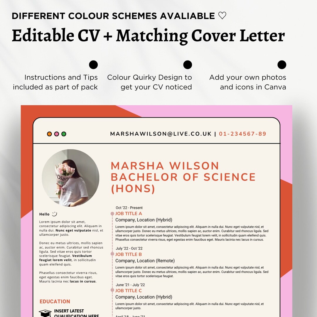 Quirky Colourful CV Template EDITABLE CV Cover Letter Set Quirky Colourful CV Template EDITABLE CV Cover Letter Set