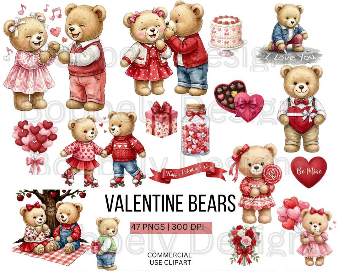 Teddy Bear Valentine PNG Bundle | Bears Clipart |watercolor | 300 DPI ...