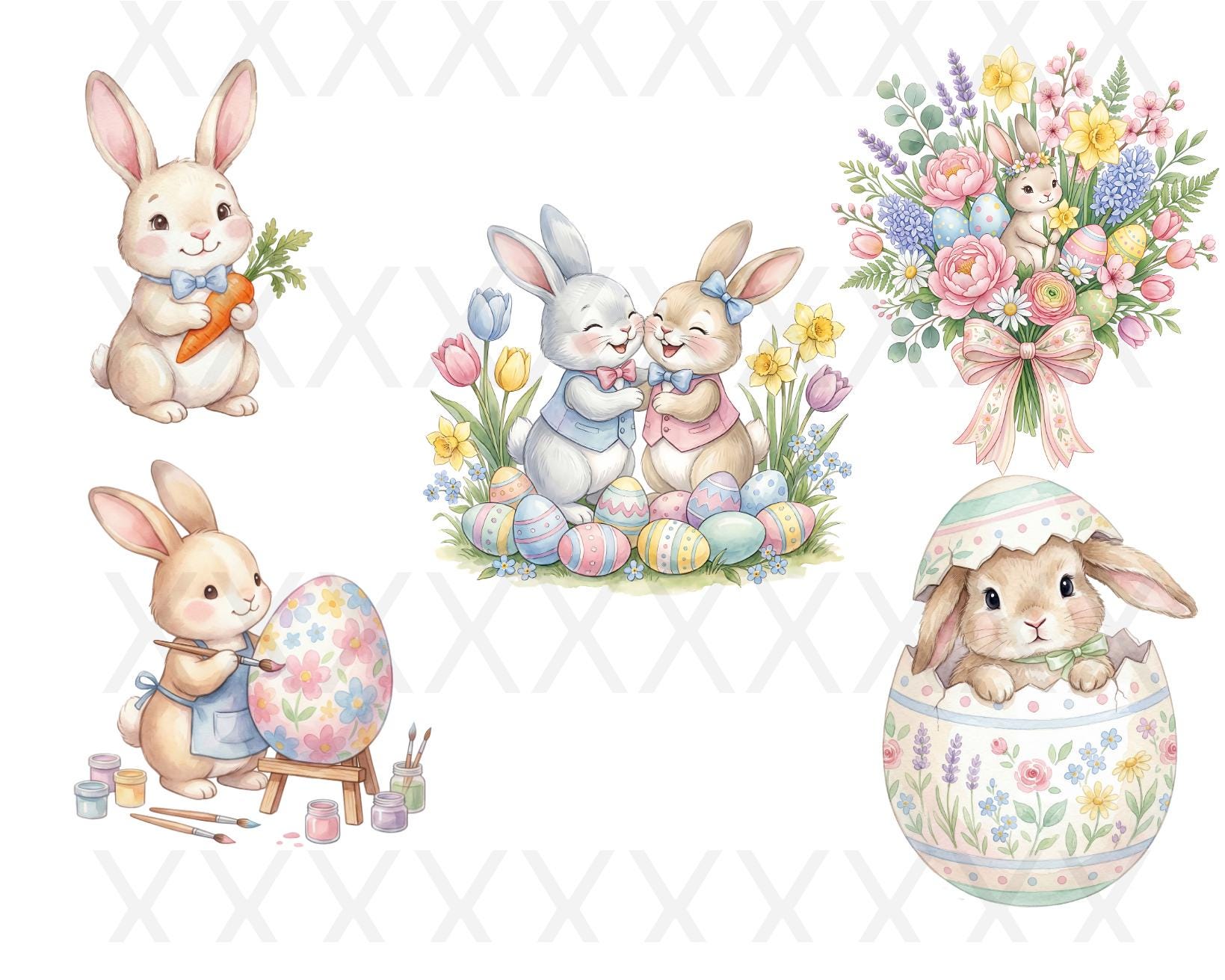 Watercolor Easter Clipart Bundle, Soft Pastel Spring Bunny PNG, Digital ...
