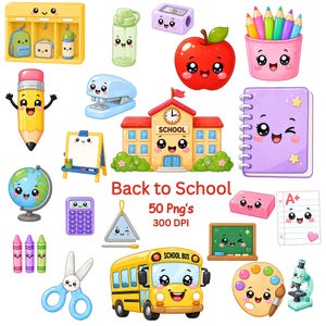 May include: A collection of kawaii-style school supplies including a yellow school bus, a school building, a globe, a pencil, a notebook, a calculator, scissors, a paint palette, a microscope, and an apple, with the text Back to School 50 Png's 300 DPI.
