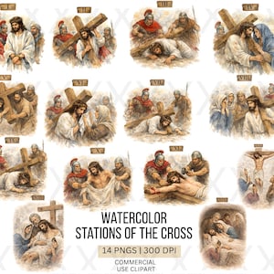 Op de afbeelding: Waterverfillustraties die de Staties van de Kruisweg uitbeelden. Elke afbeelding toont een scène uit het lijden van Christus, met figuren in historische kleding. De set bevat 14 PNG-afbeeldingen met 300 DPI, voor commercieel gebruik.