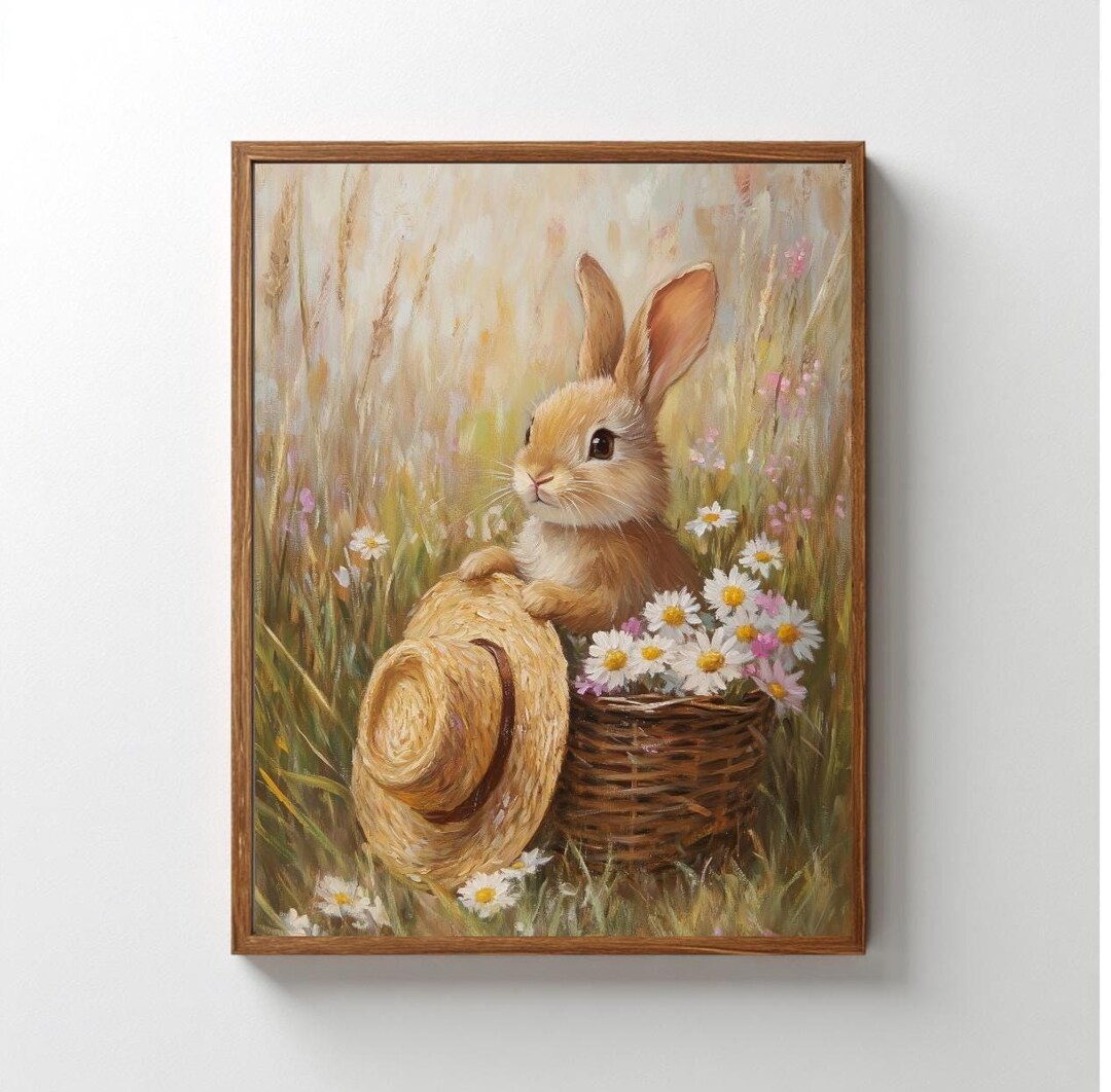 Spring Easter Bunny Wall Art Printable, Cottagecore Rabbit With Straw ...