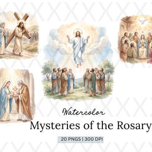 Puede incluir: Ilustraciones en acuarela que representan escenas de los Misterios del Rosario. Las imágenes incluyen a Jesús llevando la cruz, la Ascensión, la presentación de Jesús y el descenso del Espíritu Santo. El texto dice "Watercolor Mysteries of the Rosary 20 PNGS | 300 DPI."