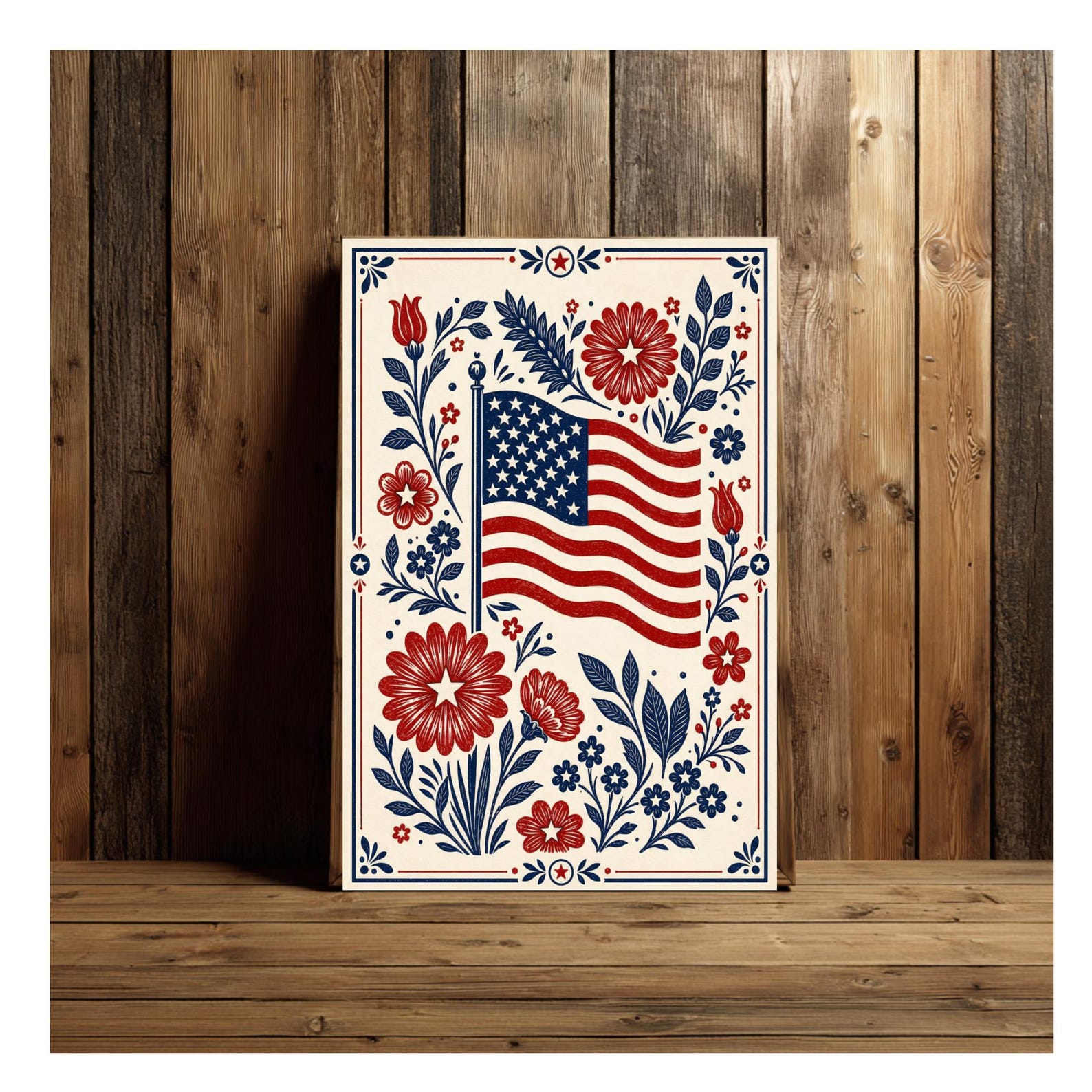 Folk Art American Flag Wall Art Printable, Patriotic Floral Vintage ...