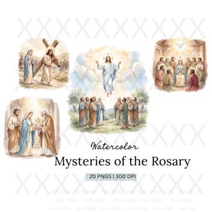 May include: Watercolor illustrations depicting scenes from the Mysteries of the Rosary. The images include Jesus carrying the cross, the Ascension, the presentation of Jesus, and the descent of the Holy Spirit. The text reads "Mysteries of the Rosary".