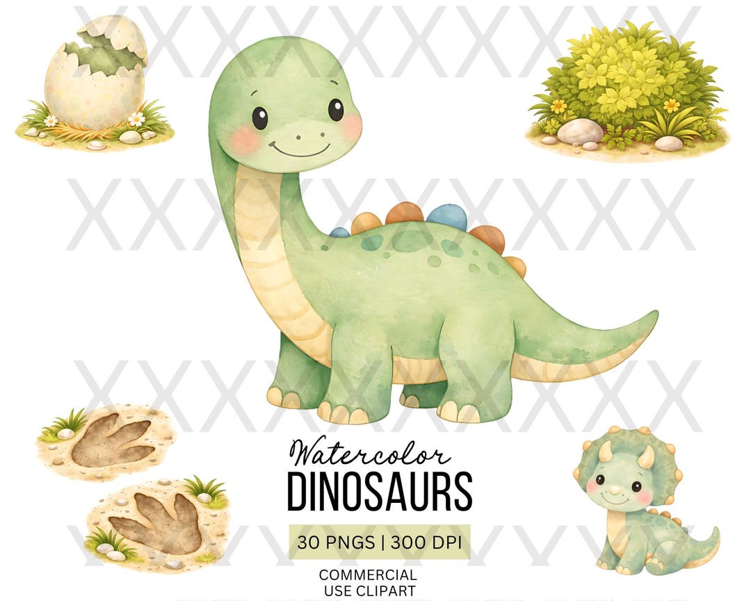 Watercolor Dinosaur Clipart | Baby Dino PNG Bundle (300 DPI Digital ...