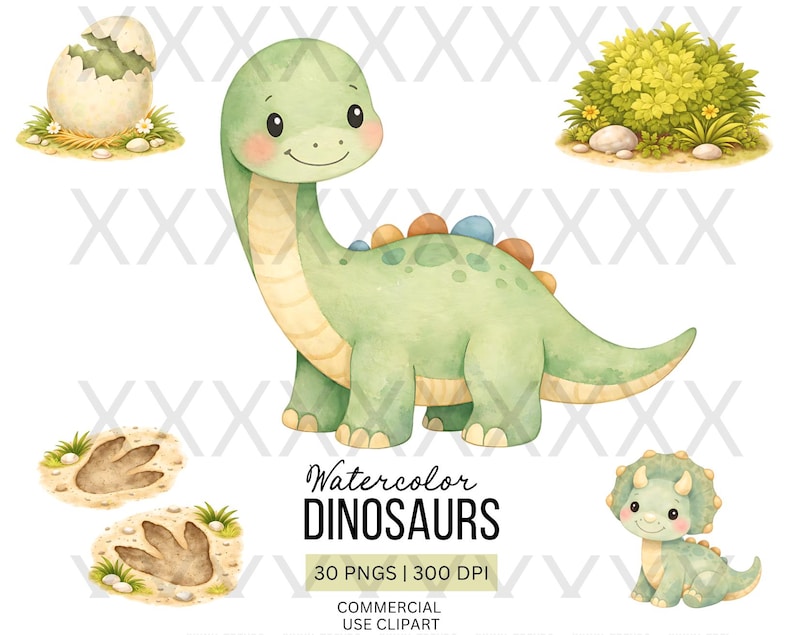Watercolor Dinosaur Clipart | Baby Dino PNG Bundle (300 DPI Digital ...