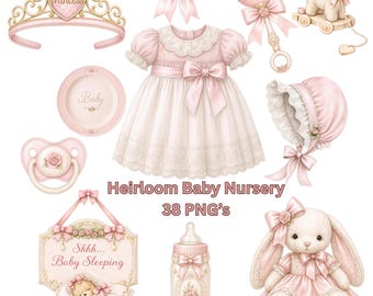 Vintage Baby Girl Nursery Clipart Bundle, Heirloom Victorian Baby PNG, Blush Pink Lace Nursery Decor, Baby Shower Clip Art Set