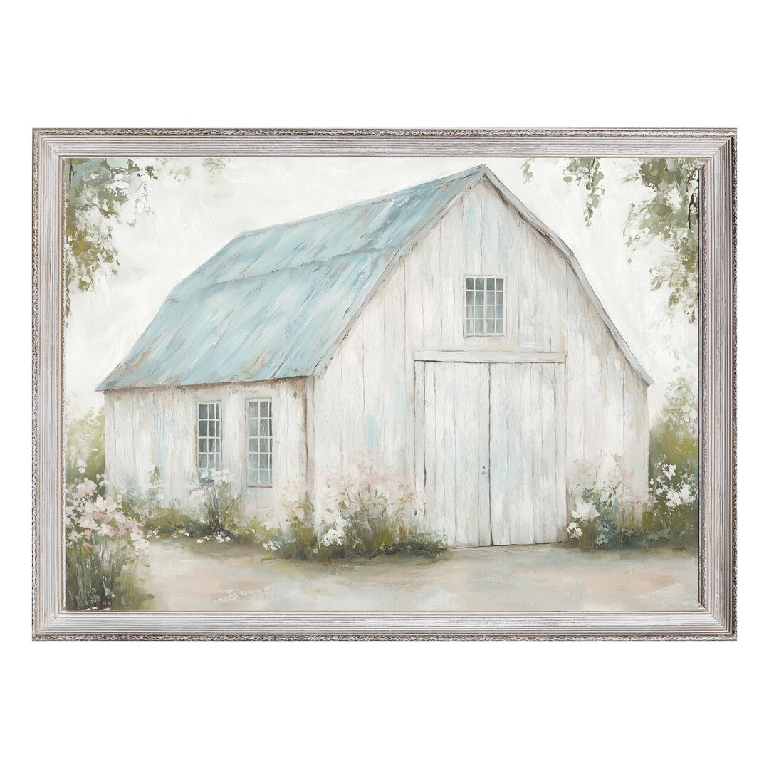 White Barn Wall Art Printable, Rustic Farmhouse Painting, Neutral ...