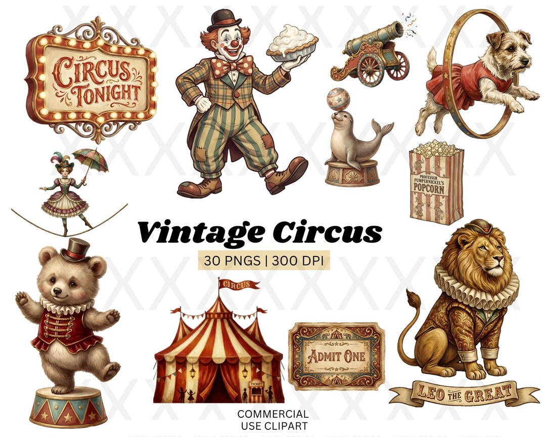 Vintage Circus Clipart Bundle | 30 Circus Pngs | Transparent Background ...