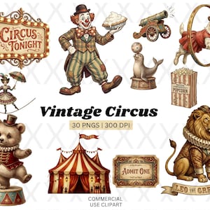 May include: A collection of vintage circus illustrations. Includes a clown, a tightrope walker, a bear, a dog jumping through a hoop, a seal balancing a ball, a lion, a cannon, a popcorn bag, a circus tent, and signs that read "Circus Tonight" and "Admit One".