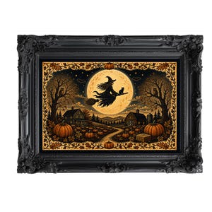 May include: A framed rectangular wall art piece featuring a witch flying on a broomstick with a black cat against a large full moon. The scene includes a pumpkin patch, a farmhouse, a barn, and trees, all enclosed in an ornate black frame.