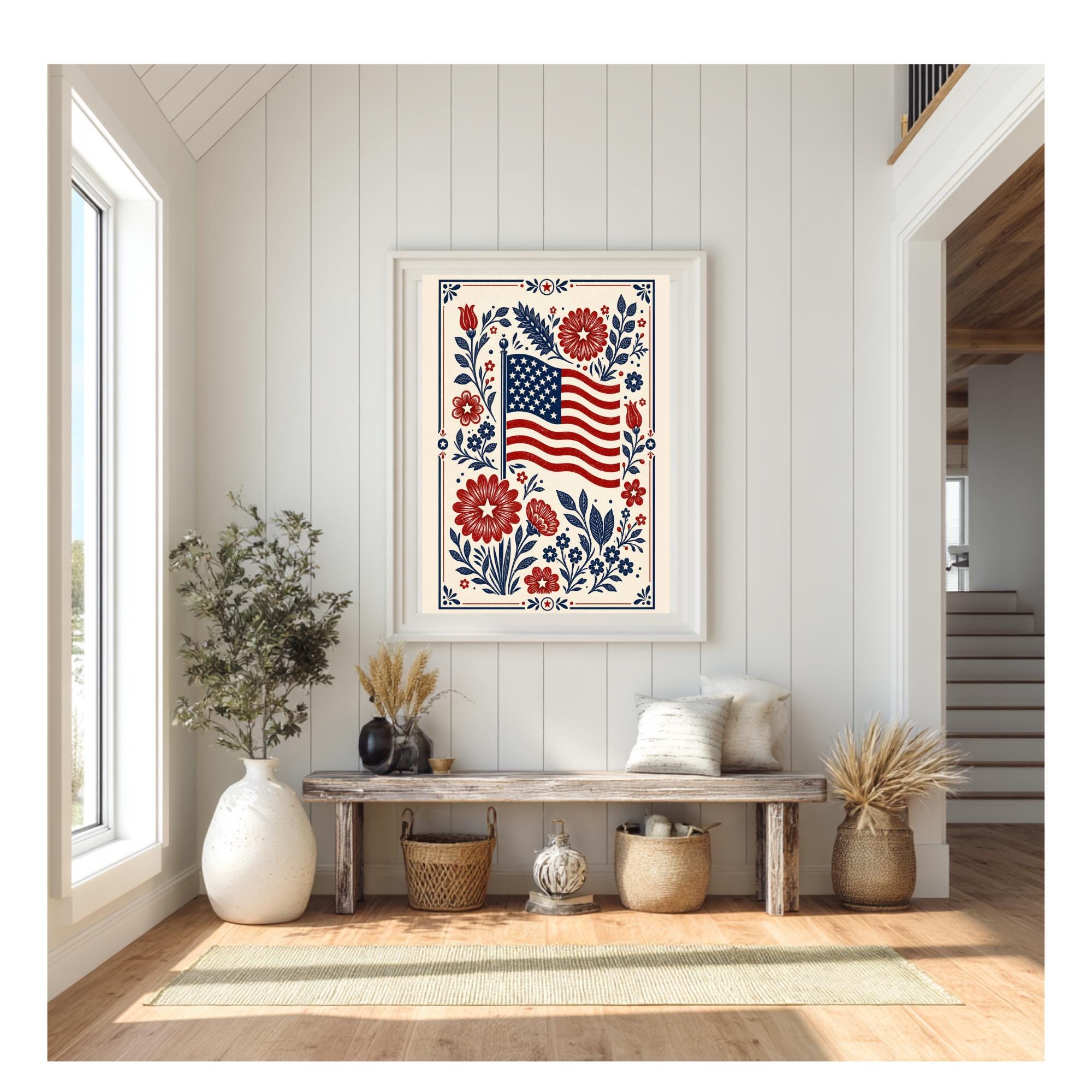Folk Art American Flag Wall Art Printable, Patriotic Floral Vintage ...