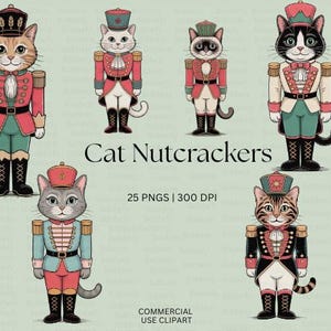 Op de afbeelding: Digitale illustratie van zes kattennotenkrakers in uniformen. De afbeelding bevat de tekst "Cat Nutcrackers". Elke kat is afgebeeld in een ander kleurenschema, met een hoed en laarzen.