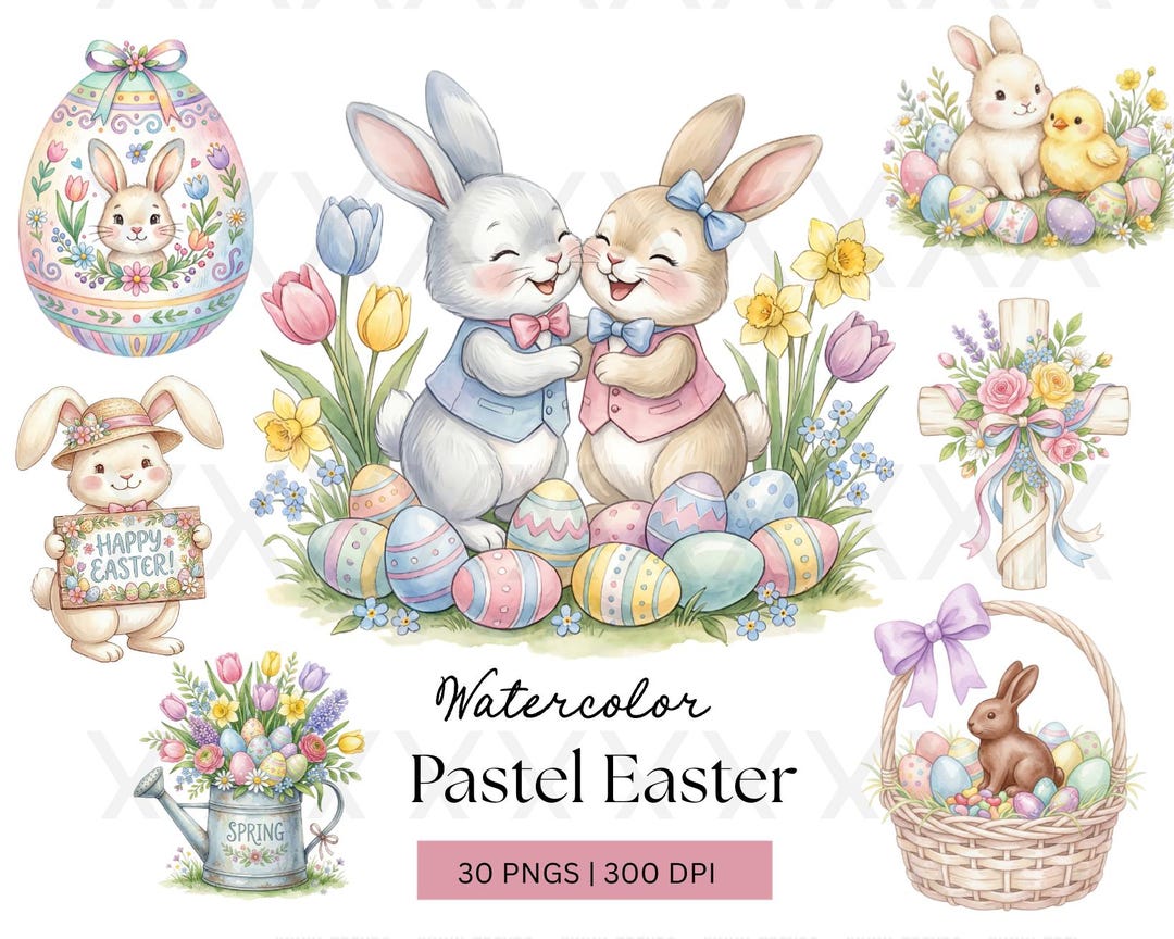 Watercolor Easter Clipart Bundle, Soft Pastel Spring Bunny PNG, Digital ...