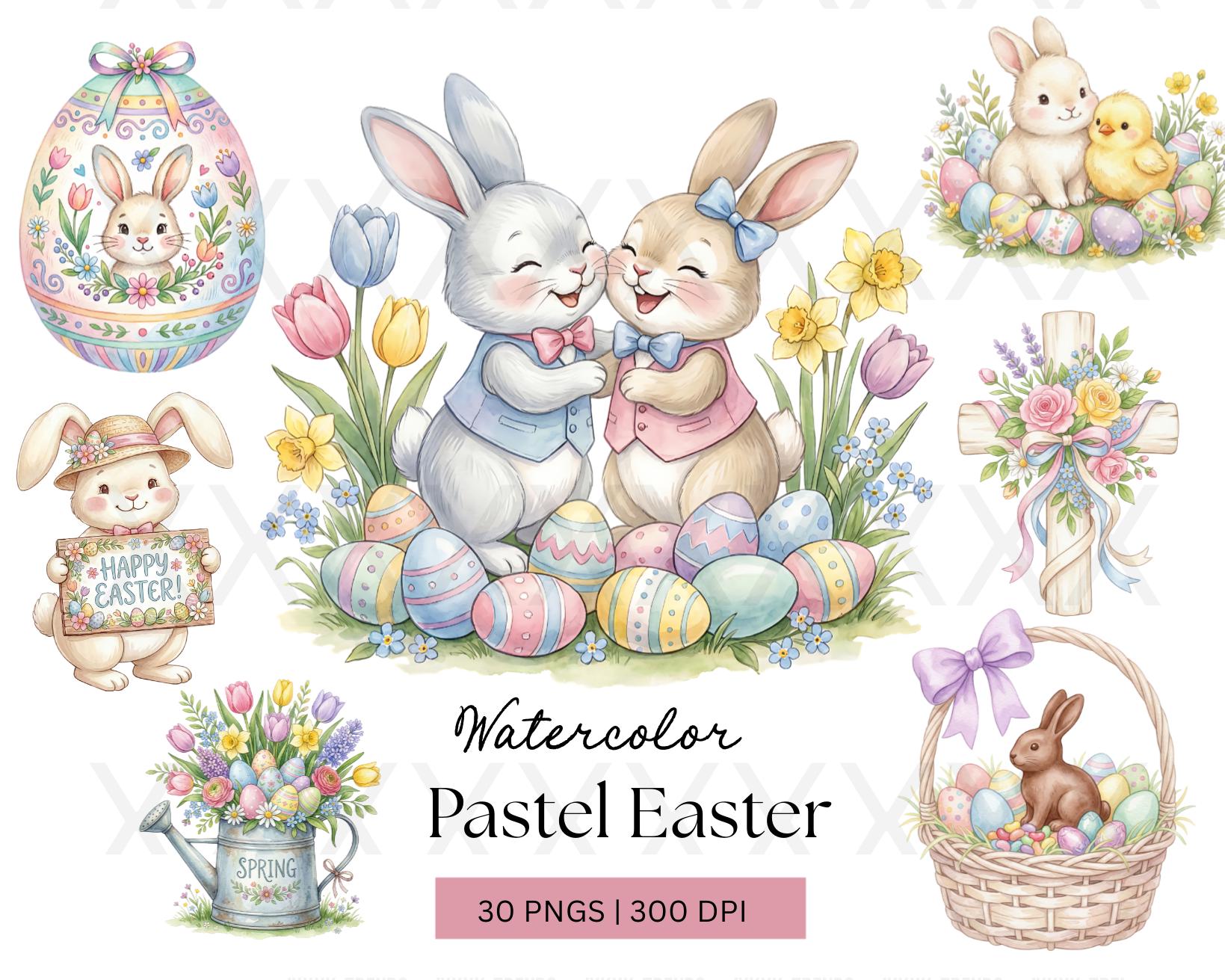 Watercolor Easter Clipart Bundle, Soft Pastel Spring Bunny PNG, Digital ...