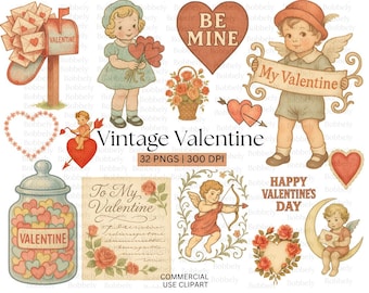 May include: A collection of vintage Valentine's Day themed clip art. Includes illustrations of cherubs, hearts, roses, and the text "Be Mine," "My Valentine," and "Happy Valentine's Day." The words "Vintage Valentine" are also present.