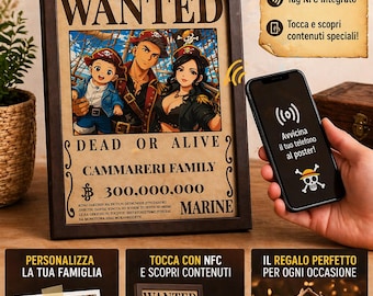 Cartel de "Se busca" personalizado a partir de una foto: marco estilo anime pirata con NFC, regalo familiar personalizado, arte mural interactivo A4