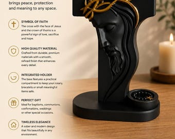 Cruz decorativa de Jesús con soporte para rosario – Escultura religiosa moderna impresa en 3D, idea de regalo cristiano, decoración sagrada