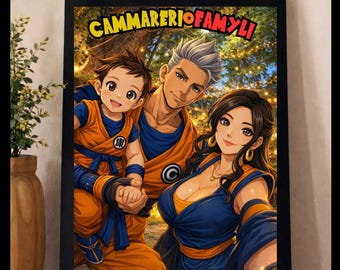 Retrato de anime personalizado a partir de una foto – Descarga digital inspirada en los Saiyajin, arte personalizado para parejas y familias, póster imprimible en tamaño A4.