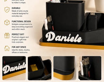 Organizador de escritorio personalizado con nombre – Soporte para bolígrafos 3D, organizador de escritorio moderno, idea de regalo para la oficina y el hogar.