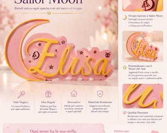 Nombre personalizado al estilo Sailor Moon - Decoración de luna de anime 3D, escritura kawaii para dormitorio infantil, regalo de manga personalizado