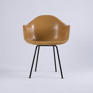 May include: A mustard yellow molded armchair with a smooth, curved seat and integrated armrests. The chair features four thin, black metal legs that extend outward from the center, providing a stable base for the seat shell.