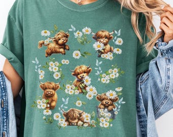 Cottagecore Highland Cow Shirt Wildflower Cow Tshirt Aesthetic Floral Animal Tee Cow Lover Gift Comfort Colors® Oversized Country Farm Tee